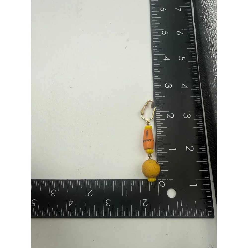 Vintage Clip On Dangle Earrings Orange Yellow Clay Ceramic Bead Boho Artisanal